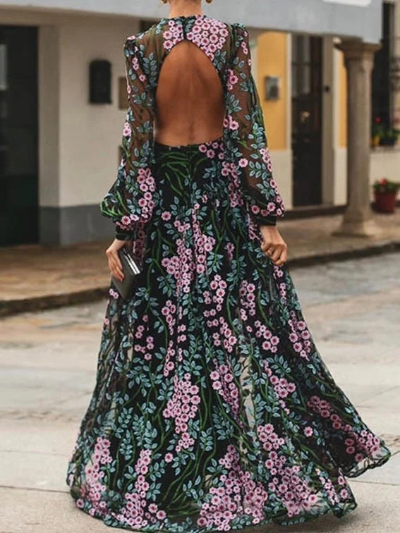 Women Floral Vintage Long Sleeve Backless Long Maxi Dress Cozy Spaghetti Strap Maxi Dress Women Floral Vintage Long Sleeve Backless Long Maxi Dress Cozy Spaghetti Strap Maxi Dress