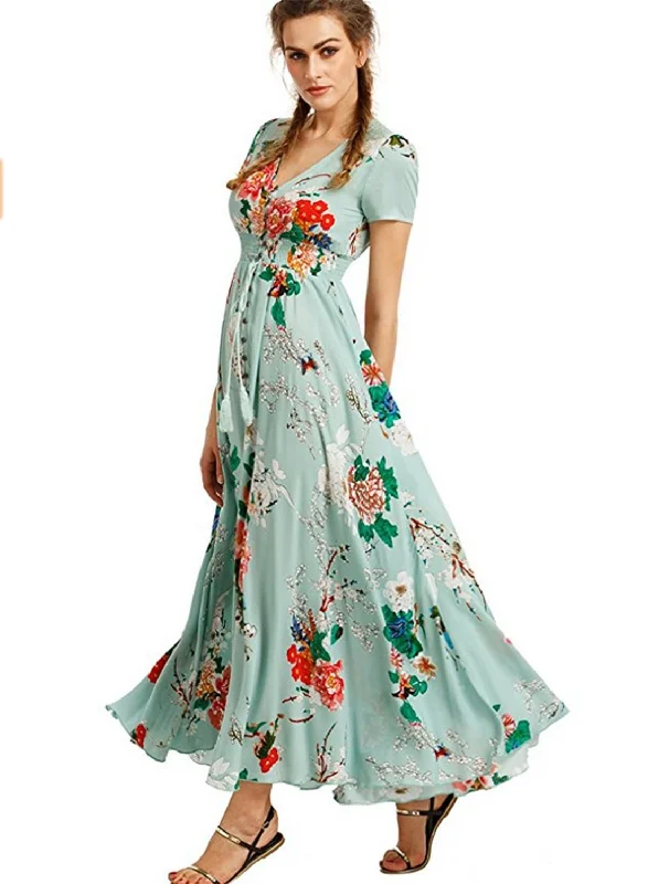 Women s Boho V Neck High Waist Slit Floral Maxi Dress Stylish Pleated A-Line Maxi Dress Women s Boho V Neck High Waist Slit Floral Maxi Dress Stylish Pleated A-Line Maxi Dress
