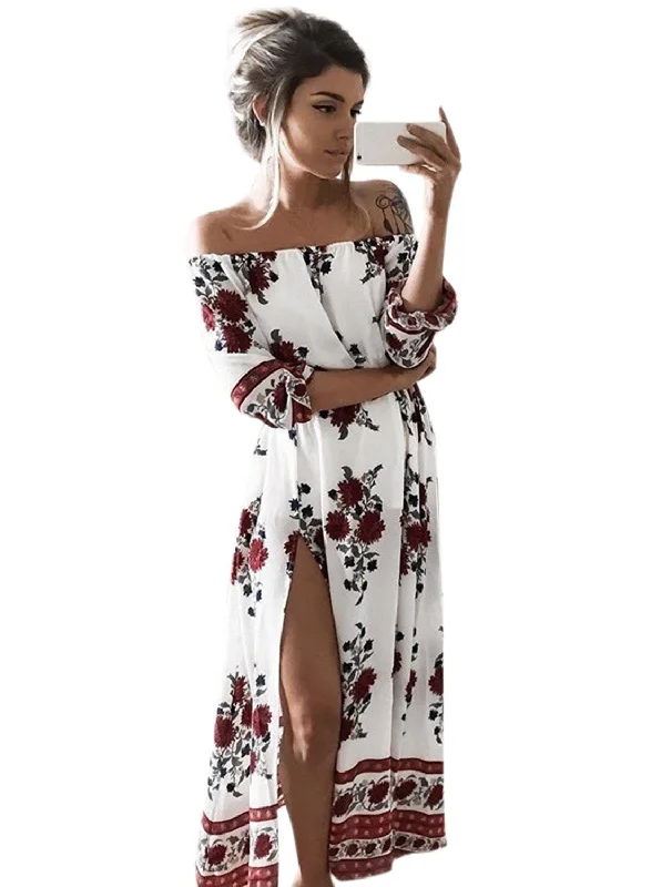 Women s PUff Sleeve Off Shoulder Floral Printed Maxi Dress Elegant Maxi Dress with Drapes Women s PUff Sleeve Off Shoulder Floral Printed Maxi Dress Elegant Maxi Dress with Drapes