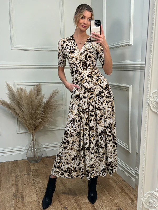 Wrap Front Jersey Maxi Dress, Cream Animal Fashionable Off-Shoulder Maxi Dress