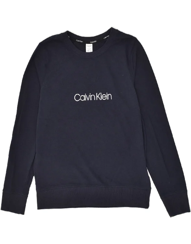 CALVIN KLEIN Mens Graphic Sweatshirt Jumper Medium Navy Blue Cotton Hoodie with Hem Patch Decorative Personalized CALVIN KLEIN Mens Graphic Sweatshirt Jumper Medium Navy Blue Cotton Hoodie with Hem Patch Decorative Personalized