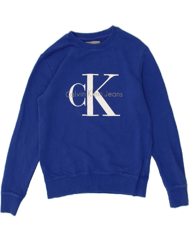 CALVIN KLEIN Womens Graphic Sweatshirt Jumper UK 10 Small Blue Cotton Hoodie with Raw Hem Edgy Unfinished CALVIN KLEIN Womens Graphic Sweatshirt Jumper UK 10 Small Blue Cotton Hoodie with Raw Hem Edgy Unfinished