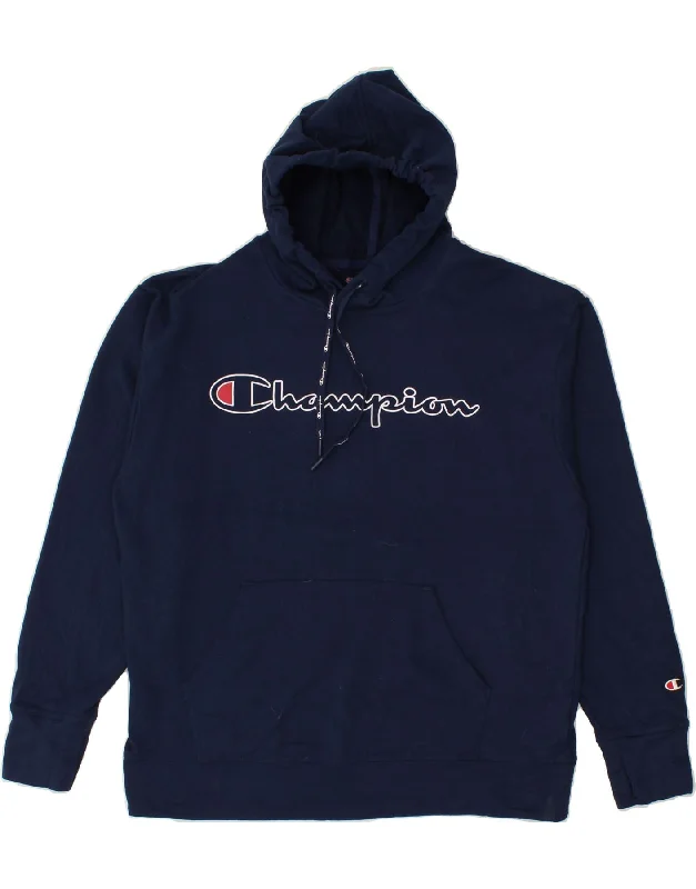 CHAMPION Mens Graphic Hoodie Jumper Large Navy Blue Polyester Hoodie with Cropped Fit Short Trendy CHAMPION Mens Graphic Hoodie Jumper Large Navy Blue Polyester Hoodie with Cropped Fit Short Trendy