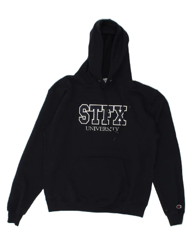 CHAMPION Mens Graphic Hoodie Jumper Medium Navy Blue Cotton Hoodie with Applique Textured Unique CHAMPION Mens Graphic Hoodie Jumper Medium Navy Blue Cotton Hoodie with Applique Textured Unique