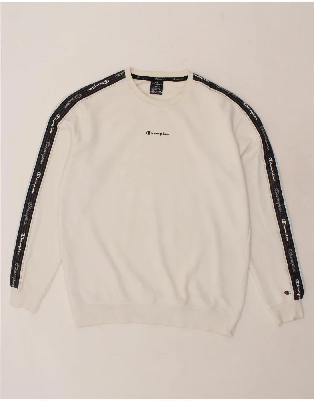 CHAMPION Mens Graphic Sweatshirt Jumper Large White Cotton Hoodie with Tied Waist Feminine Flattering CHAMPION Mens Graphic Sweatshirt Jumper Large White Cotton Hoodie with Tied Waist Feminine Flattering