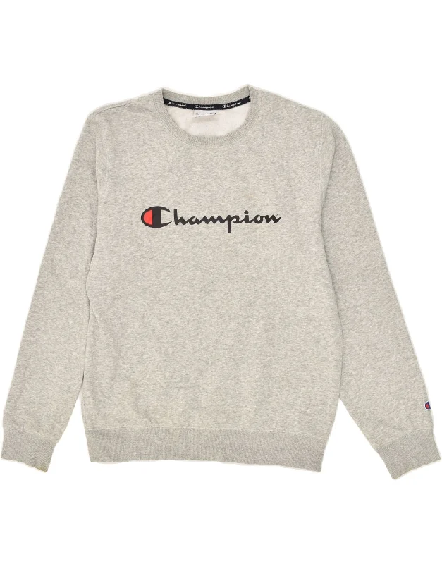CHAMPION Mens Graphic Sweatshirt Jumper Medium Grey Cotton Hoodie with Print Artistic Unique