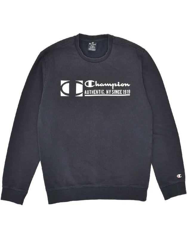 CHAMPION Mens Graphic Sweatshirt Jumper Small Navy Blue Cotton Hoodie with Hem Patch Decorative Personalized CHAMPION Mens Graphic Sweatshirt Jumper Small Navy Blue Cotton Hoodie with Hem Patch Decorative Personalized