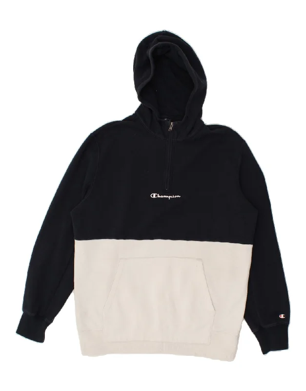 CHAMPION Mens Zip Neck Hoodie Jumper 2XL Navy Blue Colourblock Hoodie with Raw Hem Edgy Unfinished CHAMPION Mens Zip Neck Hoodie Jumper 2XL Navy Blue Colourblock Hoodie with Raw Hem Edgy Unfinished