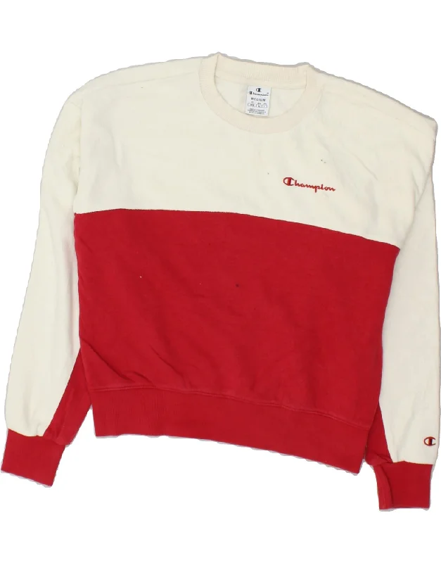 CHAMPION Womens Graphic Sweatshirt Jumper UK 14 Medium Red Colourblock Hoodie with Hem Contrast Bold Stylish CHAMPION Womens Graphic Sweatshirt Jumper UK 14 Medium Red Colourblock Hoodie with Hem Contrast Bold Stylish