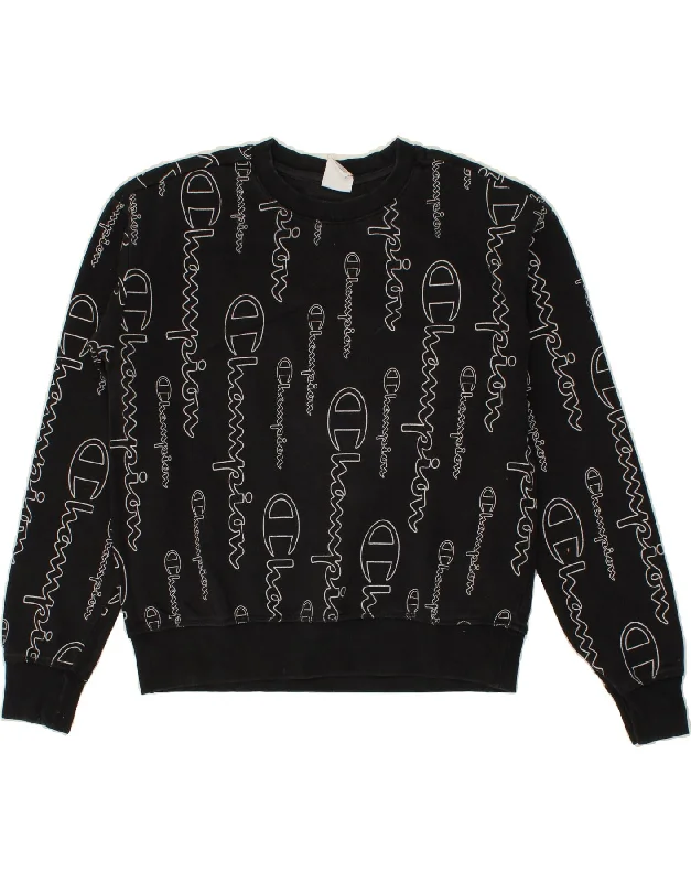 CHAMPION Womens Graphic Sweatshirt Jumper UK 16 Large Black Cotton Hoodie with Button Placket Classic Preppy CHAMPION Womens Graphic Sweatshirt Jumper UK 16 Large Black Cotton Hoodie with Button Placket Classic Preppy
