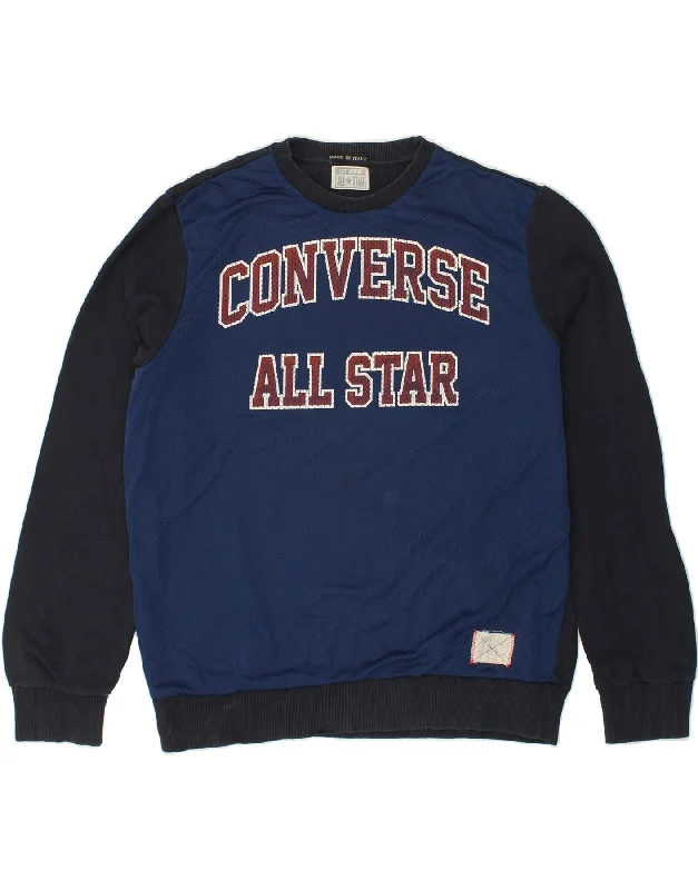 CONVERSE Mens Graphic Sweatshirt Jumper Large Navy Blue Colourblock Hoodie with High-Low Hem Asymmetrical Trendy CONVERSE Mens Graphic Sweatshirt Jumper Large Navy Blue Colourblock Hoodie with High-Low Hem Asymmetrical Trendy