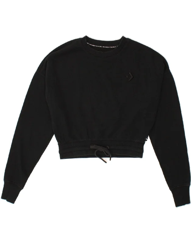 CONVERSE Womens Oversized Crop Sweatshirt Jumper UK 2 2XS Black Cotton Hoodie with Rhinestones Sparkly Elegant CONVERSE Womens Oversized Crop Sweatshirt Jumper UK 2 2XS Black Cotton Hoodie with Rhinestones Sparkly Elegant