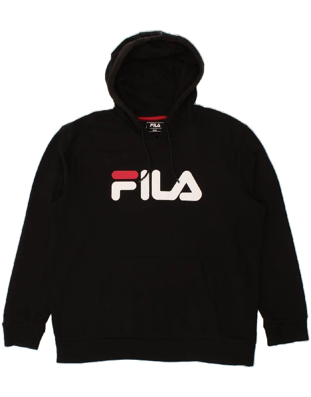 FILA Mens Graphic Hoodie Jumper 2XL Black Cotton Hoodie with Hem Embroidery Detailed Premium FILA Mens Graphic Hoodie Jumper 2XL Black Cotton Hoodie with Hem Embroidery Detailed Premium