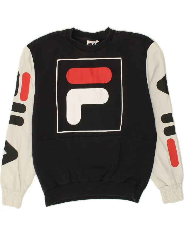 FILA Womens Graphic Sweatshirt Jumper UK 10 Small Black Colourblock Cotton Hoodie with Hem Elastic Stretchable Comfortable FILA Womens Graphic Sweatshirt Jumper UK 10 Small Black Colourblock Cotton Hoodie with Hem Elastic Stretchable Comfortable