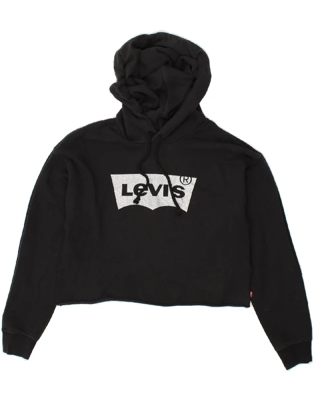 LEVI'S Womens Crop Hoodie Jumper UK 6 XS Black Cotton Hoodie with Hem Frayed Vintage Worn LEVI'S Womens Crop Hoodie Jumper UK 6 XS Black Cotton Hoodie with Hem Frayed Vintage Worn