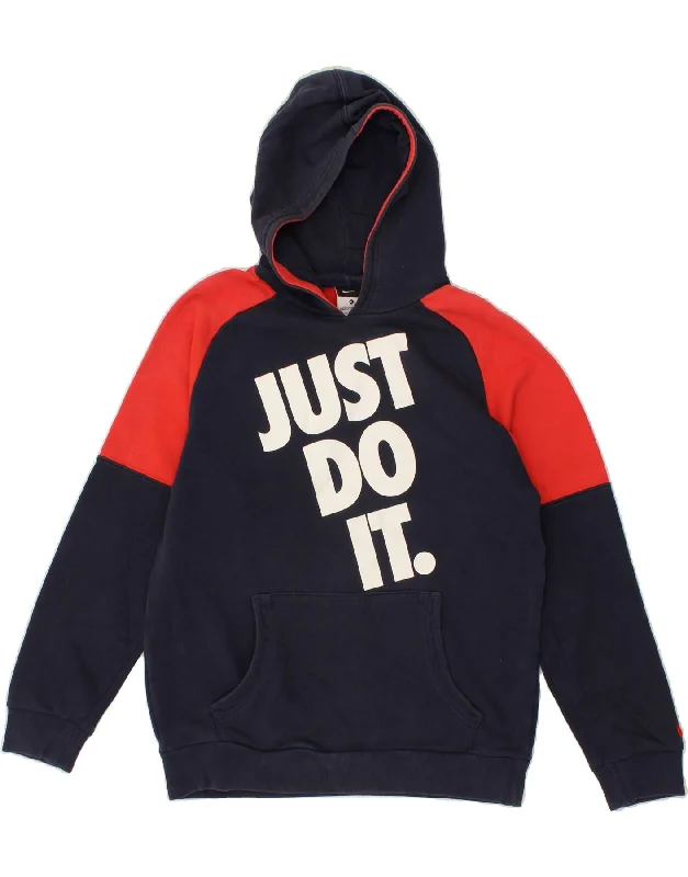 NIKE Boys Graphic Hoodie Jumper 13-14 Years XL Navy Blue Colourblock Hoodie with Hem Frayed Vintage Worn NIKE Boys Graphic Hoodie Jumper 13-14 Years XL Navy Blue Colourblock Hoodie with Hem Frayed Vintage Worn