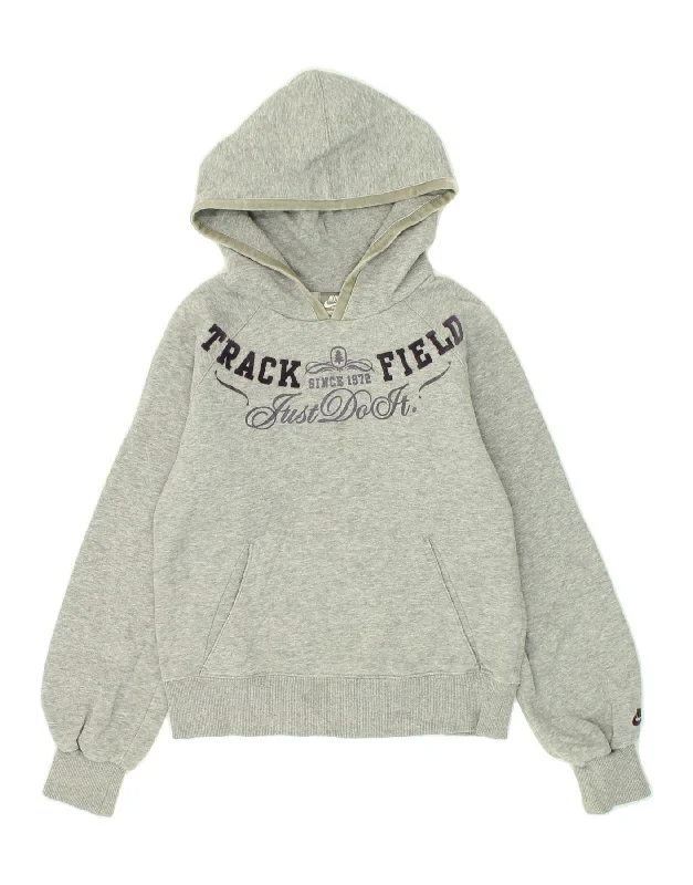 NIKE Girls Graphic Hoodie Jumper 10-11 Years Medium Grey Cotton Hoodie with Frayed Bohemian Relaxed NIKE Girls Graphic Hoodie Jumper 10-11 Years Medium Grey Cotton Hoodie with Frayed Bohemian Relaxed