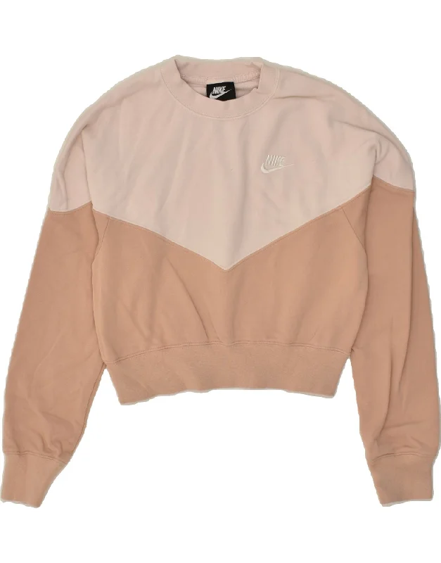 NIKE Womens Crop Sweatshirt Jumper UK 6 XS Pink Colourblock Cotton Hoodie with Print Artistic Unique NIKE Womens Crop Sweatshirt Jumper UK 6 XS Pink Colourblock Cotton Hoodie with Print Artistic Unique