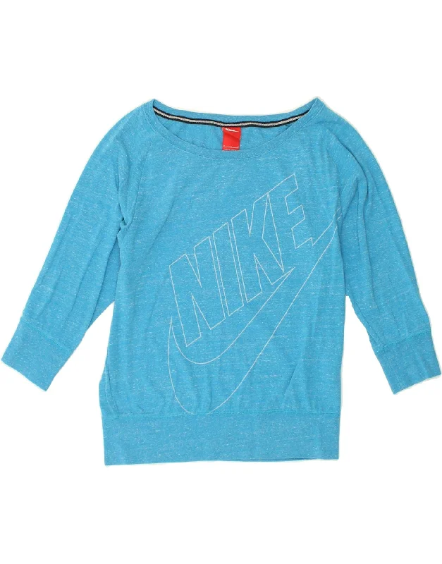 NIKE Womens Graphic Sweatshirt Jumper UK 14 Medium Blue Flecked Cotton Hoodie with Ribbed Cuffs Snug Fit Comfort NIKE Womens Graphic Sweatshirt Jumper UK 14 Medium Blue Flecked Cotton Hoodie with Ribbed Cuffs Snug Fit Comfort