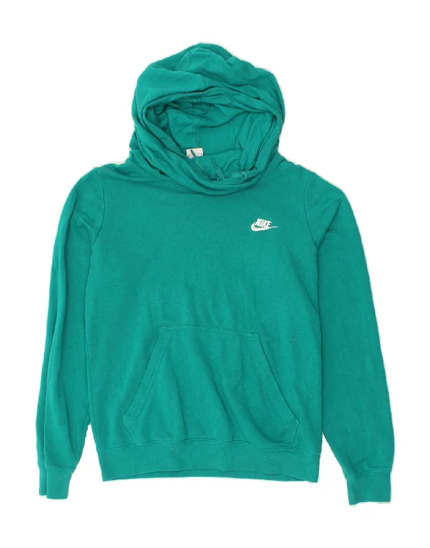 NIKE Womens Hoodie Jumper UK 14 Medium Green Cotton Hoodie with Exposed Zipper Edgy Industrial NIKE Womens Hoodie Jumper UK 14 Medium Green Cotton Hoodie with Exposed Zipper Edgy Industrial