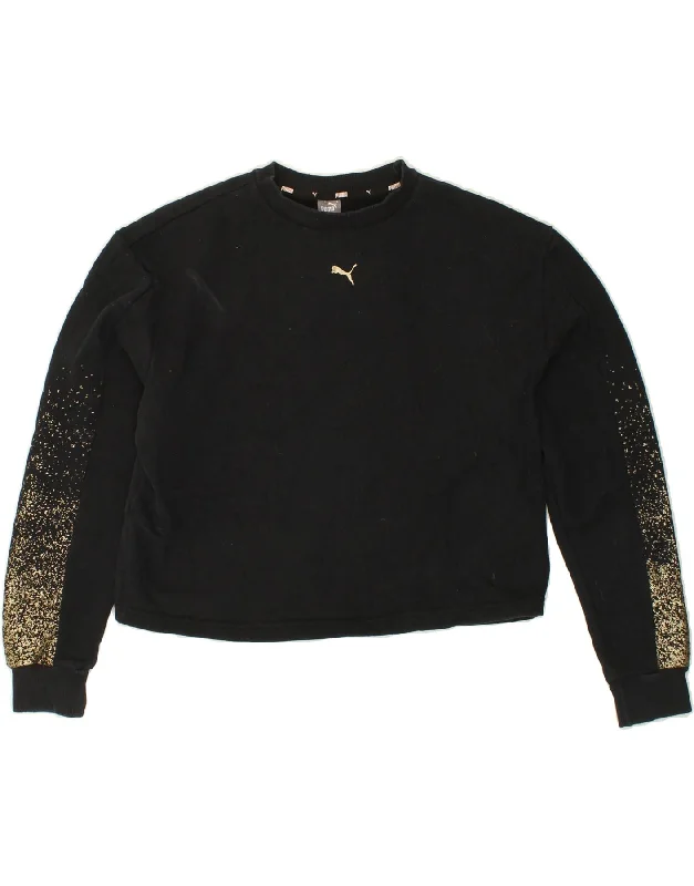 PUMA Womens Crop Sweatshirt Jumper UK 10 Small Black Cotton Hoodie with Illustration Artistic Creative PUMA Womens Crop Sweatshirt Jumper UK 10 Small Black Cotton Hoodie with Illustration Artistic Creative
