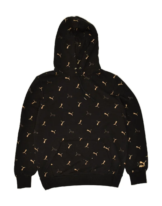 PUMA Womens Graphic Hoodie Jumper UK 14 Medium Black Cotton Hoodie with Velcro Closure Adjustable Secure PUMA Womens Graphic Hoodie Jumper UK 14 Medium Black Cotton Hoodie with Velcro Closure Adjustable Secure