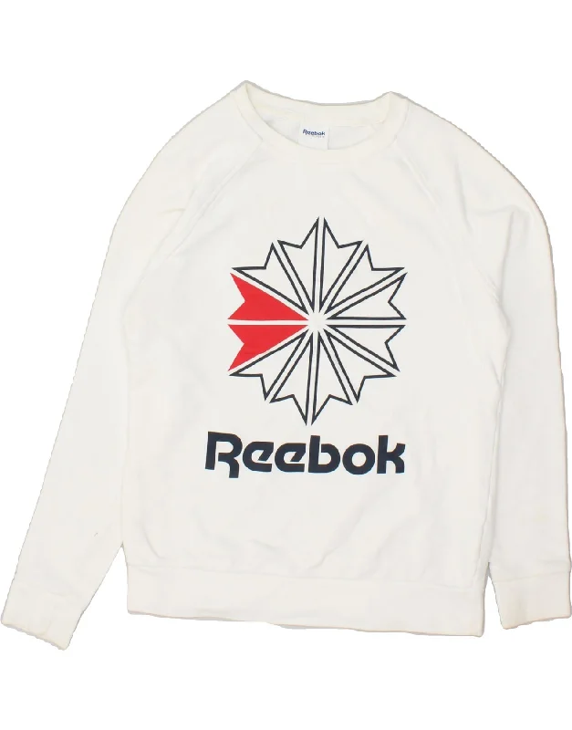 REEBOK Womens Graphic Sweatshirt Jumper UK 12/14 Medium White Cotton Hoodie with Emblem Brand Identity REEBOK Womens Graphic Sweatshirt Jumper UK 12/14 Medium White Cotton Hoodie with Emblem Brand Identity