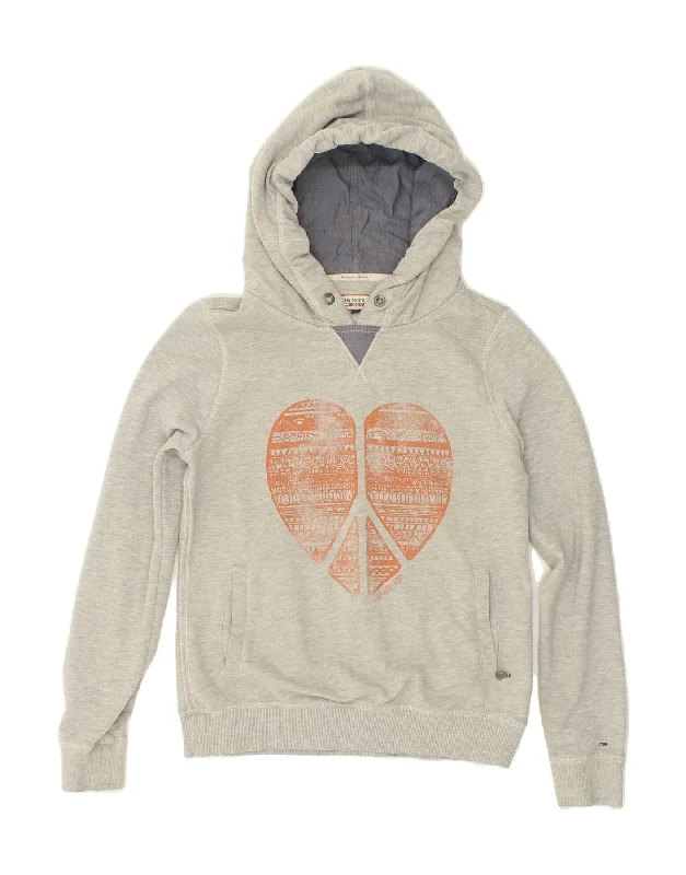 TOMMY HILFIGER Womens Graphic Hoodie Jumper UK 14 Medium Grey Cotton Hoodie with Frayed Bohemian Relaxed TOMMY HILFIGER Womens Graphic Hoodie Jumper UK 14 Medium Grey Cotton Hoodie with Frayed Bohemian Relaxed