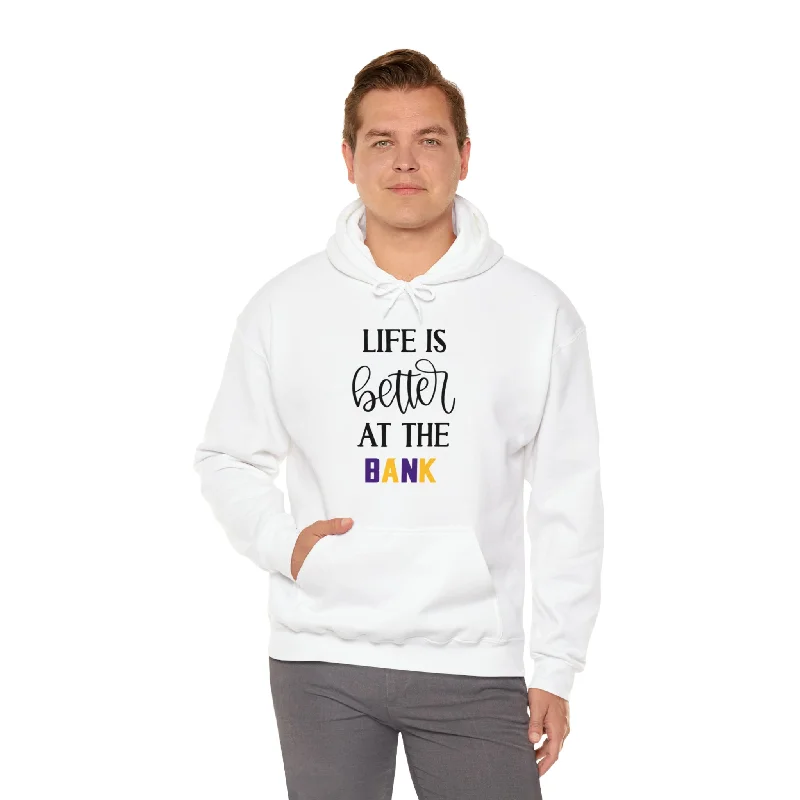 Unisex Heavy Blend™ Hoodie - Life is Better at the BANK Hoodie with Raglan Sleeves Sporty Comfortable Unisex Heavy Blend™ Hoodie - Life is Better at the BANK Hoodie with Raglan Sleeves Sporty Comfortable