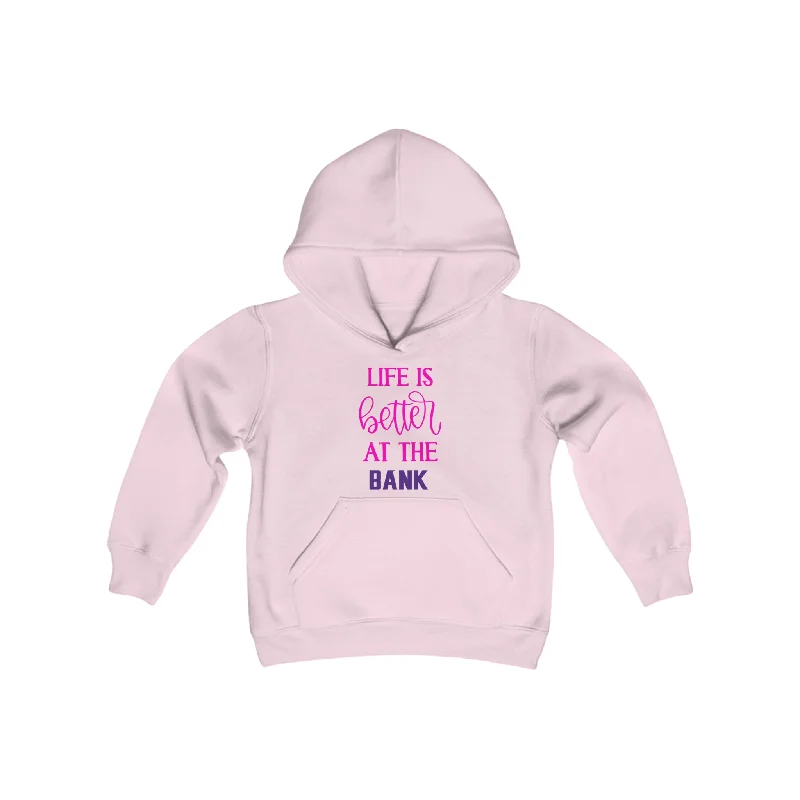Youth Heavy Blend Hoodie - Life is Better at the BANK Hoodie with Hem Embroidery Detailed Premium Youth Heavy Blend Hoodie - Life is Better at the BANK Hoodie with Hem Embroidery Detailed Premium