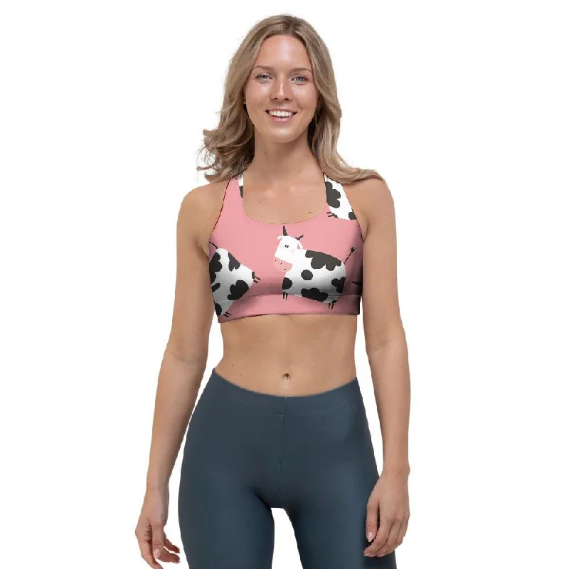 Pink Cow Pattern Print Sports Bra Soft Cup Bra