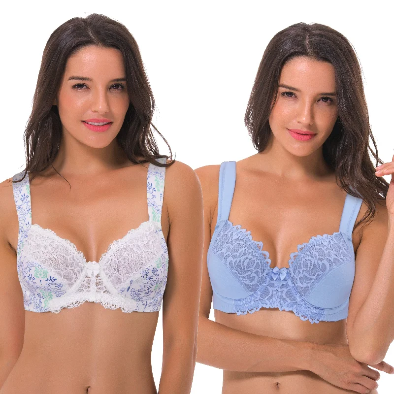 Women's Plus Size Unlined Underwire Lace Bra with Cushion Straps Feminine Lace Bra