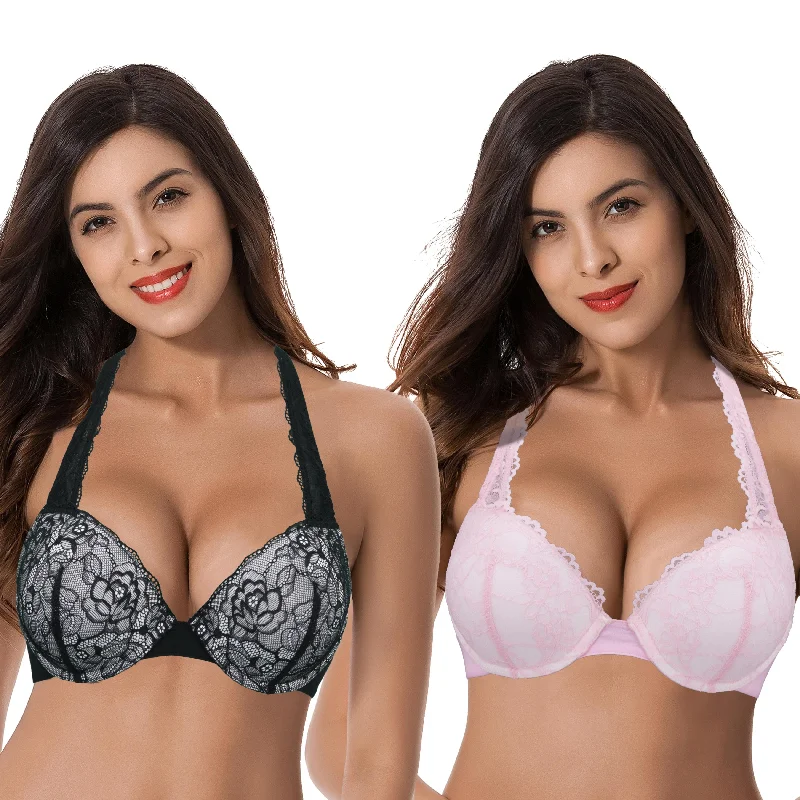 Women's Plus Size Add 1 and a half Cup Push Up Underwire Convertible Lace Bras Feminine Lace Bra