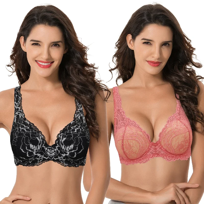 Women Plus Size Underwire Add 1+ Cup Push Up Mesh Lace Bra Wireless Lace Bra