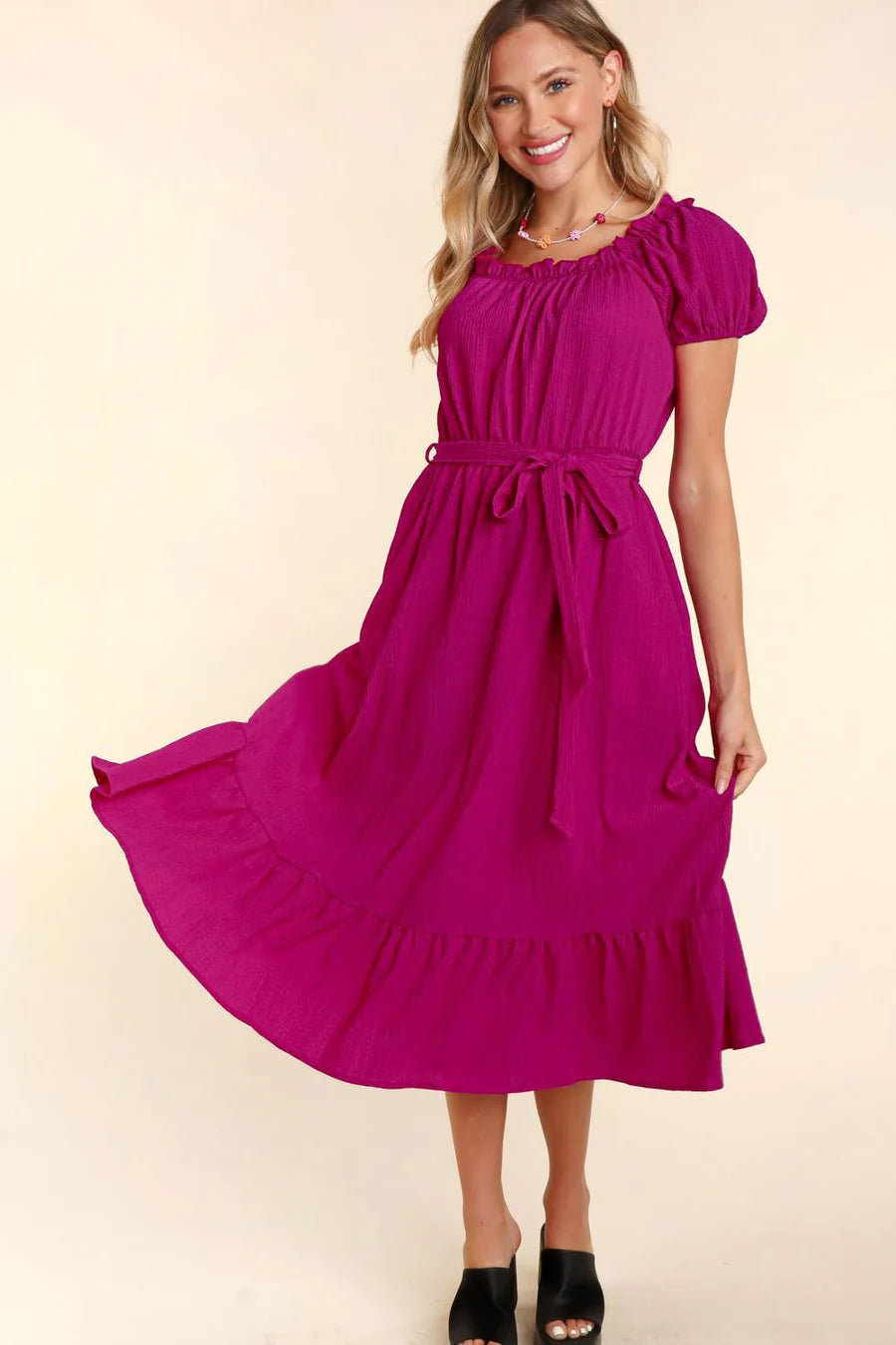 BERRY MAGENTA SQUARE NECK FRILLY PUFF BUBBLE SLEEVE POCKET MIDI DRESS Fashionable One-Shoulder Midi Dress