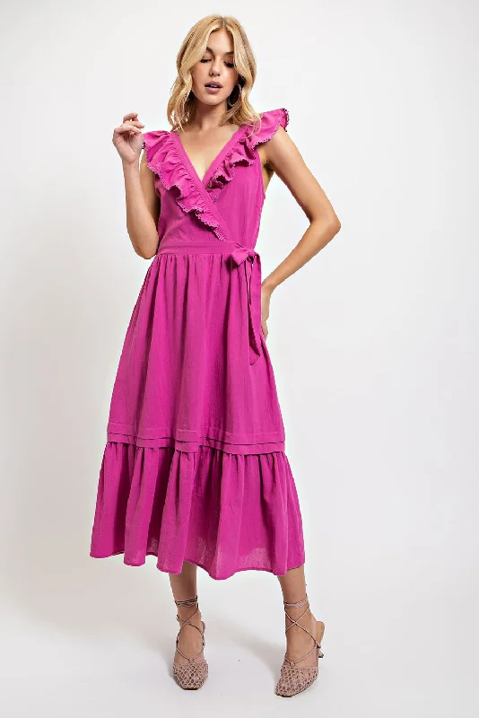 BERRY RUFFLE VNECK SIDE WAIST TIE MIDI DRESS Stylish High-Waisted Midi Dress