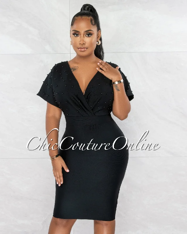 Bordan Black Pearl Top Bandage Midi Dress Trendy Flared Sleeve Midi Dress