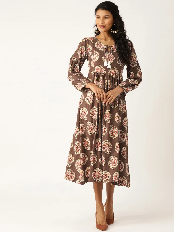 Brown Paisely Bishop Sleeve Midi Dress Stylish Long Sleeve Floral Midi Dress