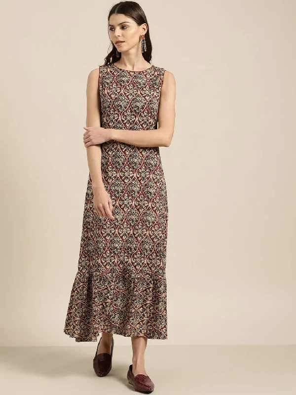 Brown Tiered Hem Sleeveless Midi Dress Fashionable Shift Midi Dress