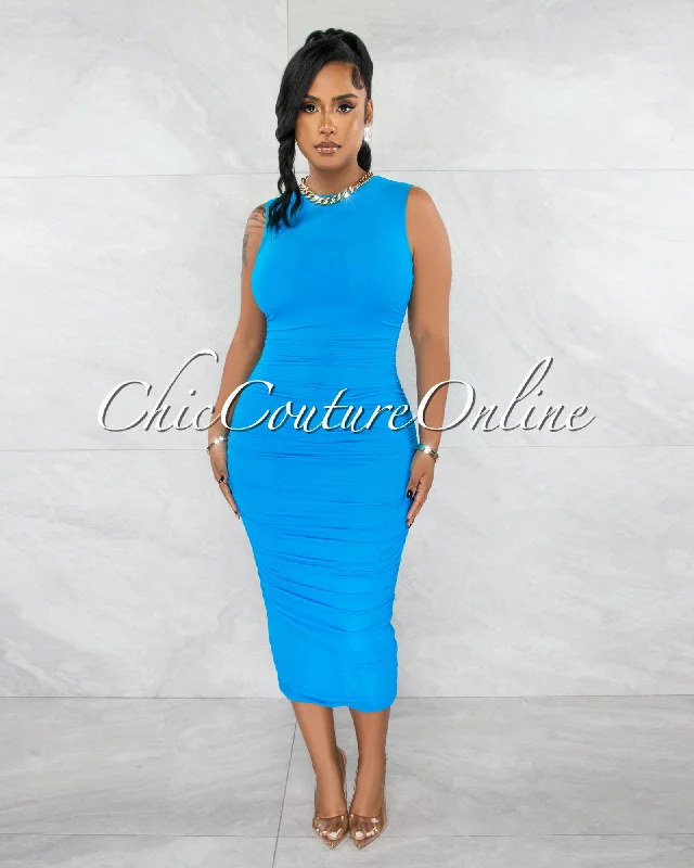 Canace Turquoise Mesh Ruched Midi Dress Fashionable Pencil Midi Dress