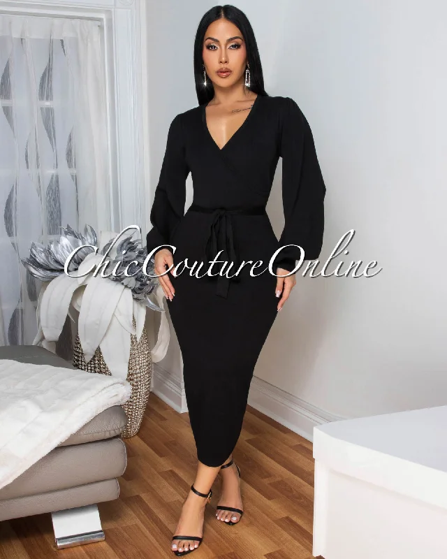 Cider Black Faux Wrap Knit Midi Dress Trendy Ruched Side Midi Dress