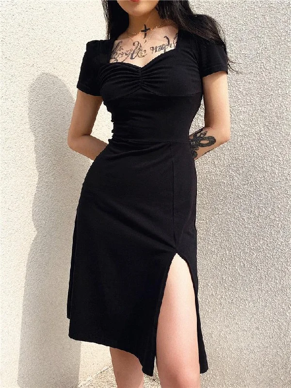 Dark Academia Leg Split Midi Dress Trendy Ruched Side Midi Dress