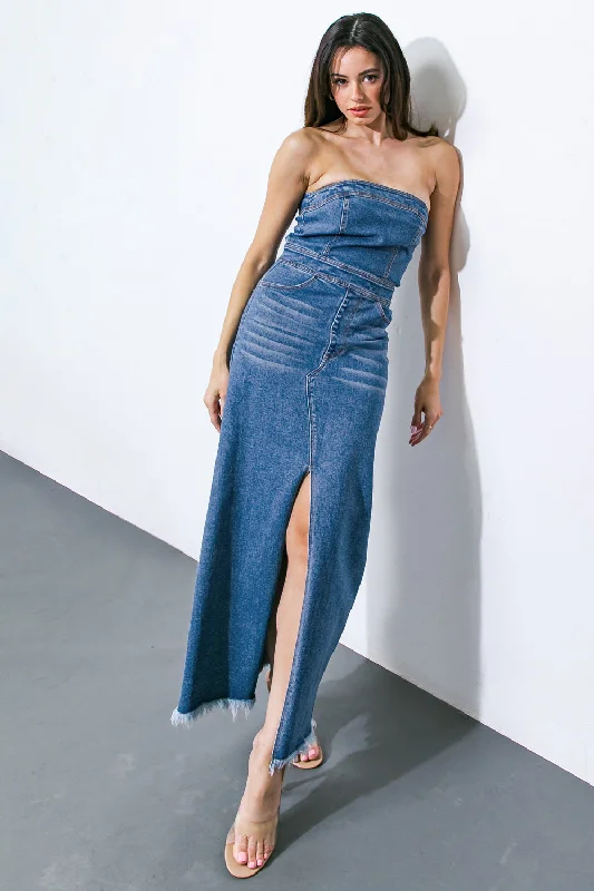 Explore More Collection - DREAMS COME TRUE DENIM MIDI DRESS Comfortable Ruched Midi Dress