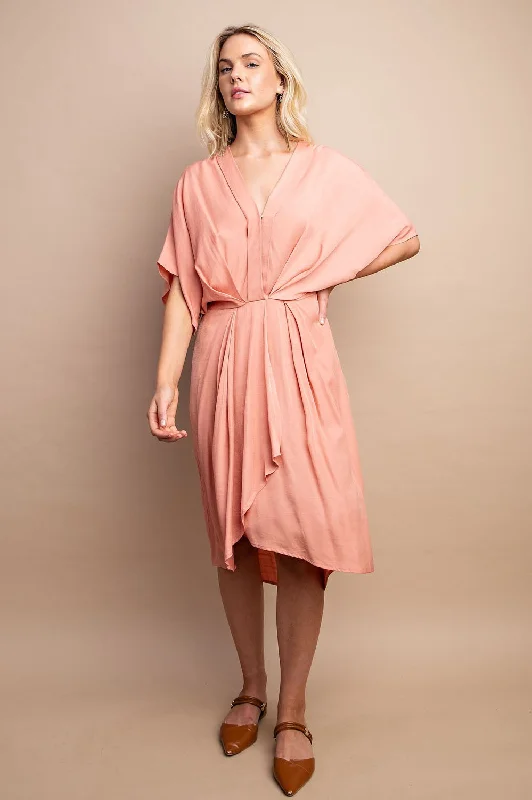 DUSTY CORAL BATWING SLEEVE PLUNGE WRAP MIDI DRESS Comfortable Sleeveless Midi Dress