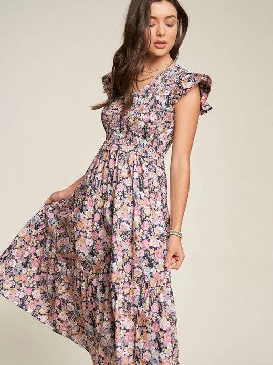 Endless Possibilities Vintage Garden Floral Flutter Smocking Midi Dress Comfortable Button Front Midi Dress