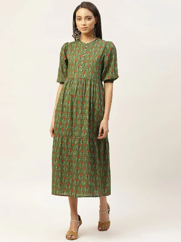 Green Floral Tiered Midi Dress Trendy Fit-and-Flare Midi Dress