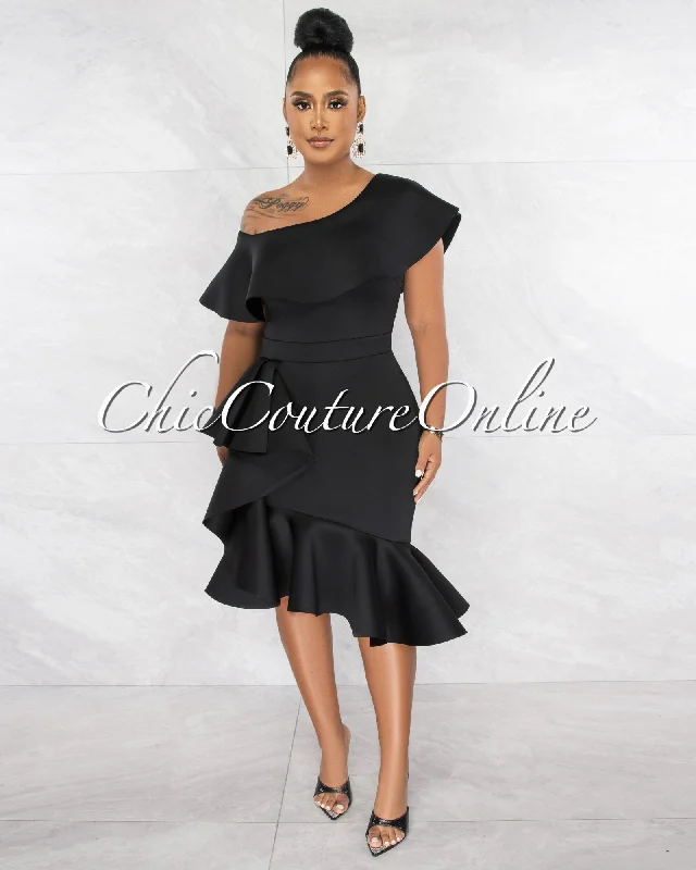 Hadara Black Ruffle Single Shoulder Ponti Midi Dress Trendy Smocked Detail Midi Dress