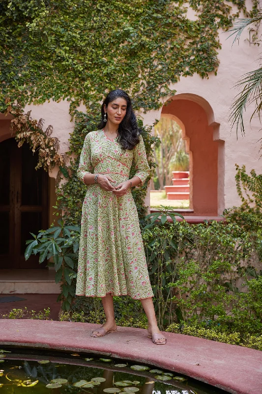 Hand Blocked Mint Green Sanganeri Floral Print Midi Dress Trendy Tiered Hem Midi Dress