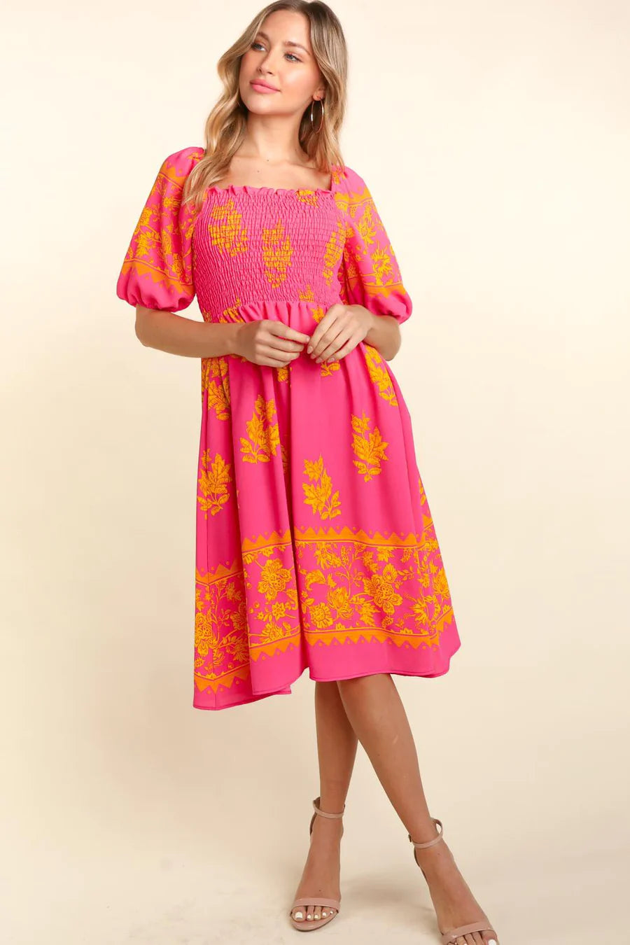 HOT PINK ORANGE PRINTED SMOCKED ELBOW BUBBLE SLEEVE POCKETED MIDI DRESS Fashionable Floral Embroidery Midi Dress