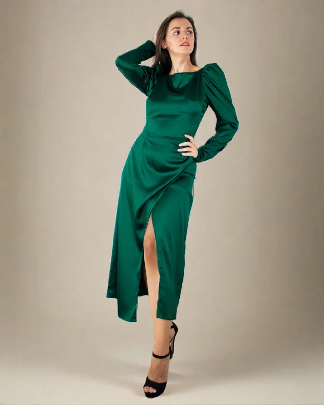 Inara Midi Dress - Satin Long Sleeve Emerald Green Dress Chic Off-Shoulder Midi Dress